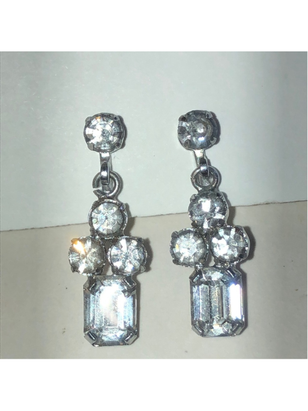Austria Vintage Silver Tone Clear Crystal Drop Screw Back Earrings